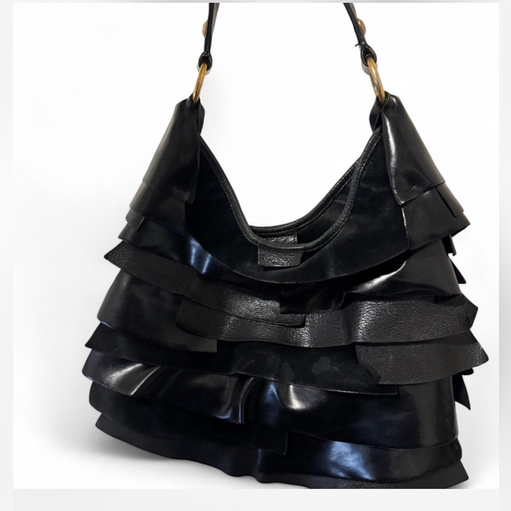 Yves saint laurent black leather ruffle st tropez bag